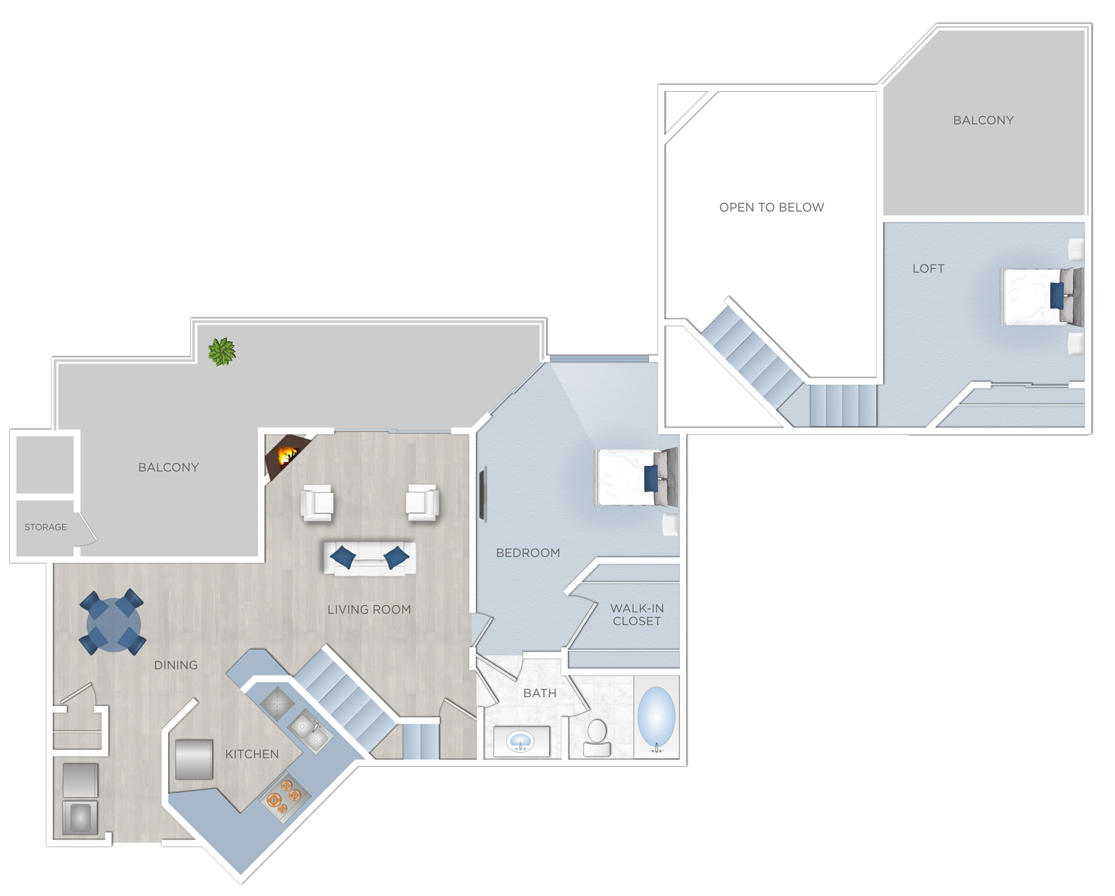 Floor plan for 1 bed, 1 bath, 964 sqft